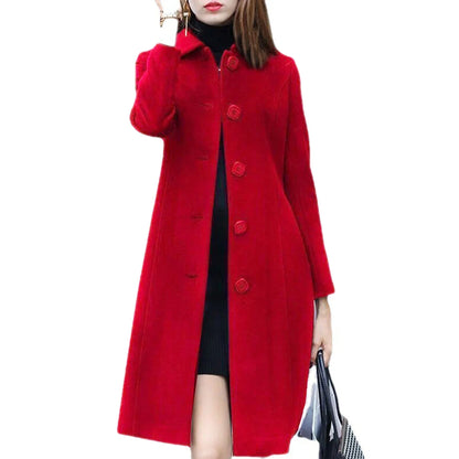 S-4XL Autumn Coat for Women Mid-Length Single-Breasted Solid Color Turn-Down Collar Elegant Soft Warm Winter Jacket