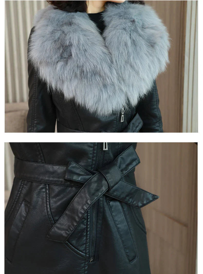 Winter Faux Fur Collar Leather Long Loose Coats Coat Women's Jacket