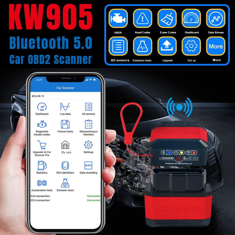 Car Scanner Bluetooth 5.0 for Android/IOS KONNWEI KW905 OBD2 – Engine Diagnostic Tool 