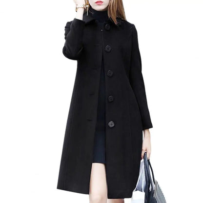 S-4XL Autumn Coat for Women Mid-Length Single-Breasted Solid Color Turn-Down Collar Elegant Soft Warm Winter Jacket