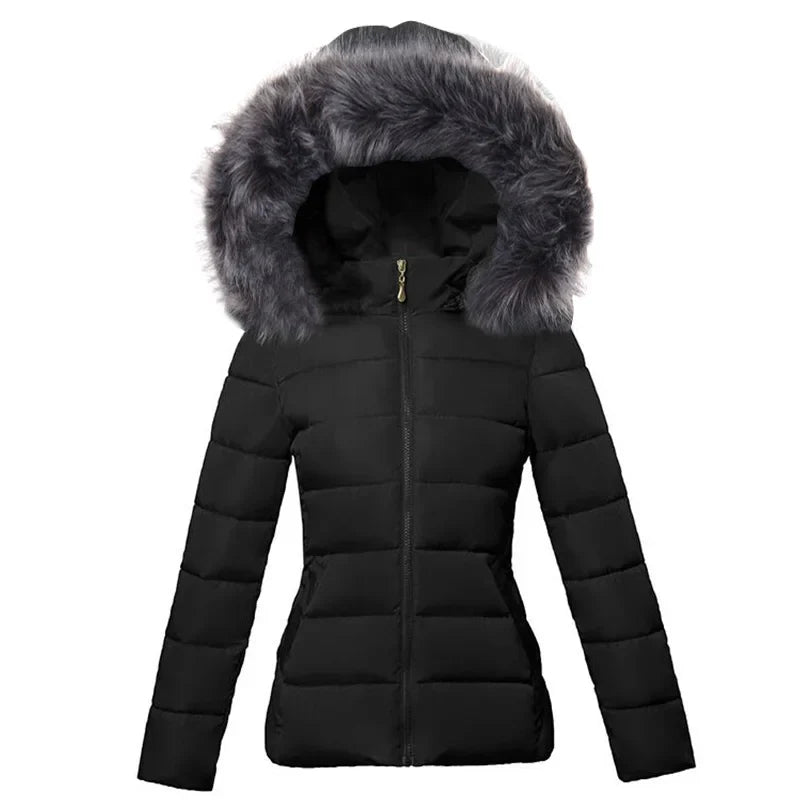 SL Women's Winter Coat Fake Fur Collar Parka Short Outerwear Warm Down Jacket