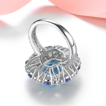 Blue Topaz Sterling Silver Rings 8 Carat Genuine Tananite Opal Multicolor