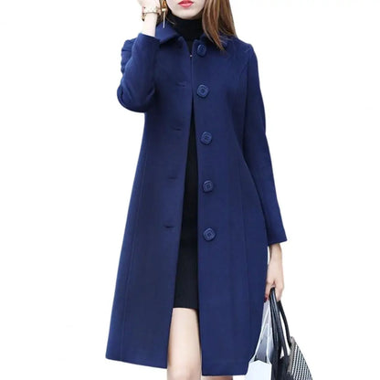 S-4XL Autumn Coat for Women Mid-Length Single-Breasted Solid Color Turn-Down Collar Elegant Soft Warm Winter Jacket
