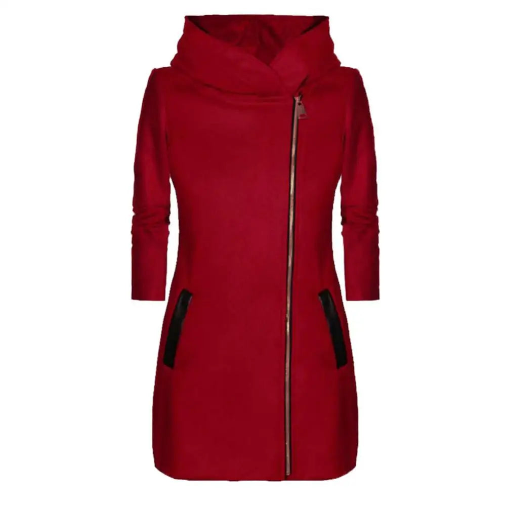 Solid Color Zipper Long Sleeve Hooded Jacket Outerwear Long Section Women's Coat
