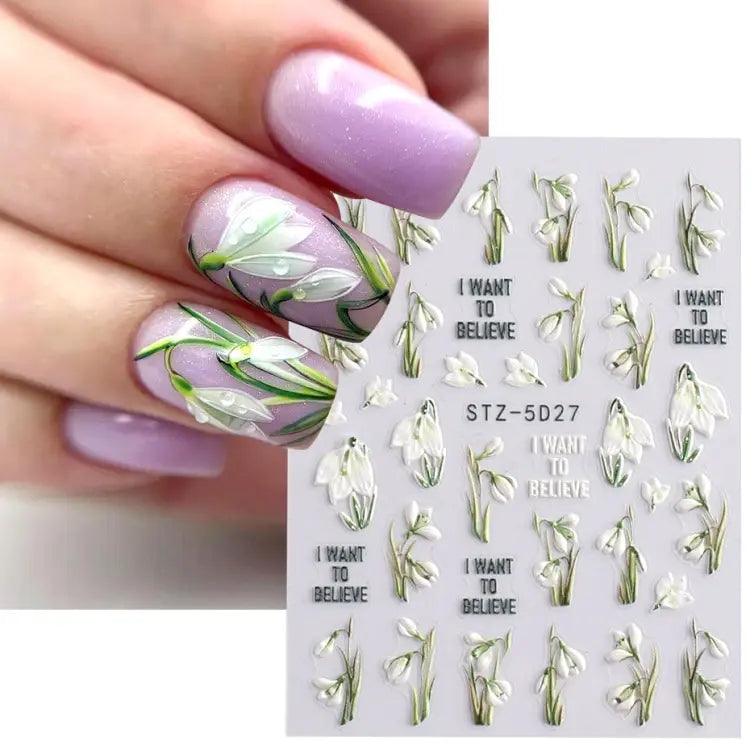 5D White Flower Embossed Nail Art Decals