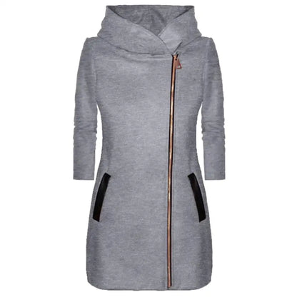 Solid Color Zipper Long Sleeve Hooded Jacket Outerwear Long Section Women's Coat
