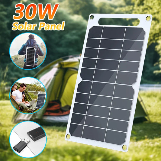 30W Solar Panel With USB Waterproof Outdoor Hiking and Camping Portable Battery Mobile Phone Charging Bank Charging Panel 6.8V