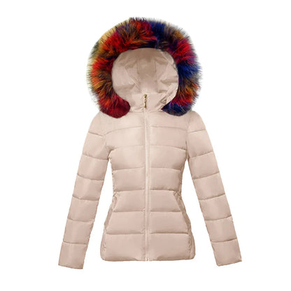 SL Women's Winter Coat Fake Fur Collar Parka Short Outerwear Warm Down Jacket
