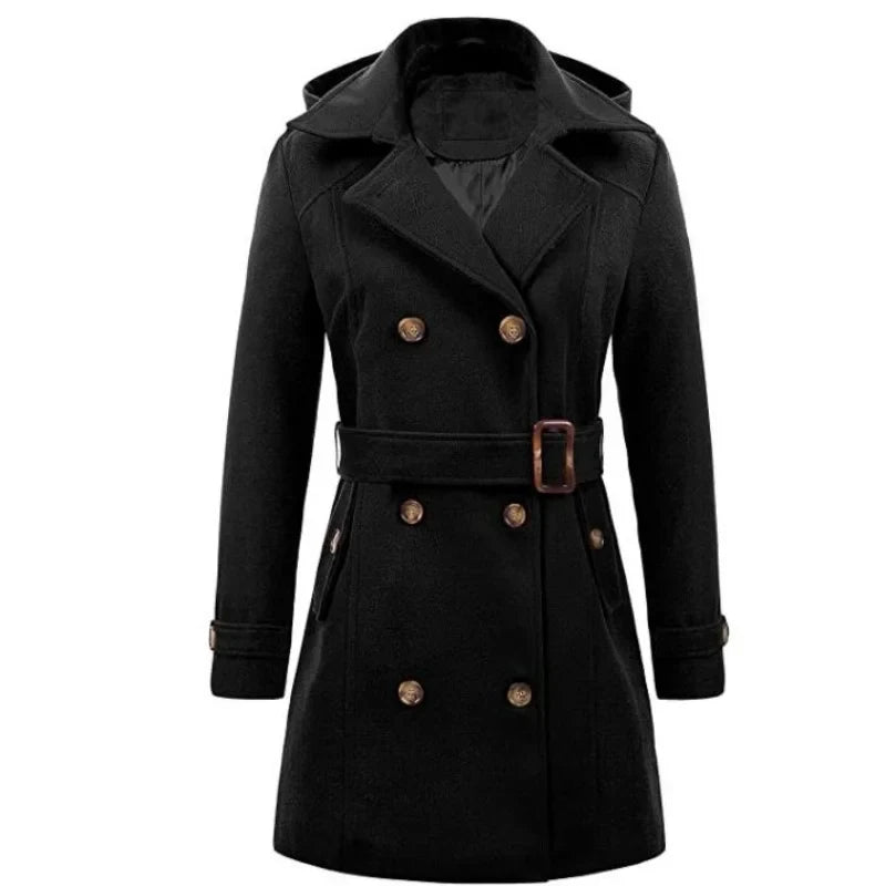 Women's Hooded Jackets Mid-Length Double Breasted Wool Blend Coat Turndown Collar 