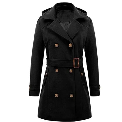Women's Hooded Jackets Mid-Length Double Breasted Wool Blend Coat Turndown Collar 
