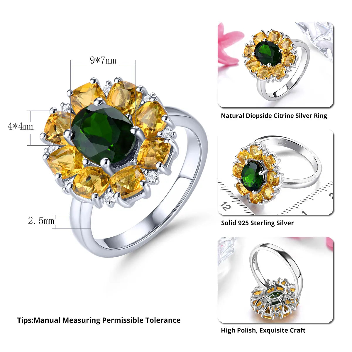 Genuine Diopside Citrine Solid Silver Rings 4.8 Carats