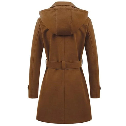 Women's Hooded Jackets Mid-Length Double Breasted Wool Blend Coat Turndown Collar 