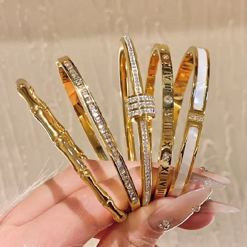 Titanium Steel Bracelet in Stainless Steel Inlaid with Zircon, Gold Plated 