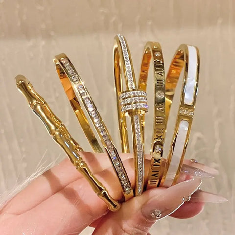 Titanium Steel Bracelet in Stainless Steel Inlaid with Zircon, Gold Plated 