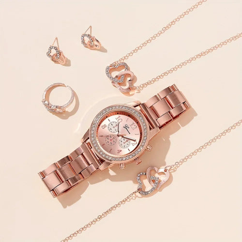 6-piece Set - Fashion Wristwatch &amp; Jewelry in Rose Gold for Women