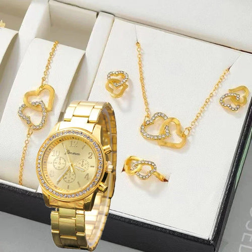 6-piece Set - Fashion Wristwatch &amp; Jewelry in Rose Gold for Women