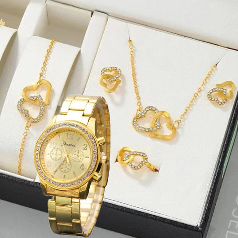 6-piece Set - Fashion Wristwatch &amp; Jewelry in Rose Gold for Women