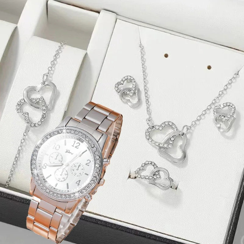 6-piece Set - Fashion Wristwatch &amp; Jewelry in Rose Gold for Women