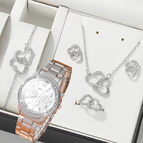 6-piece Set - Fashion Wristwatch &amp; Jewelry in Rose Gold for Women