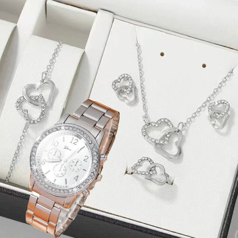 6-piece Set - Fashion Wristwatch &amp; Jewelry in Rose Gold for Women