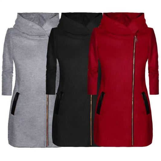 Solid Color Zipper Long Sleeve Hooded Jacket Outerwear Long Section Women's Coat