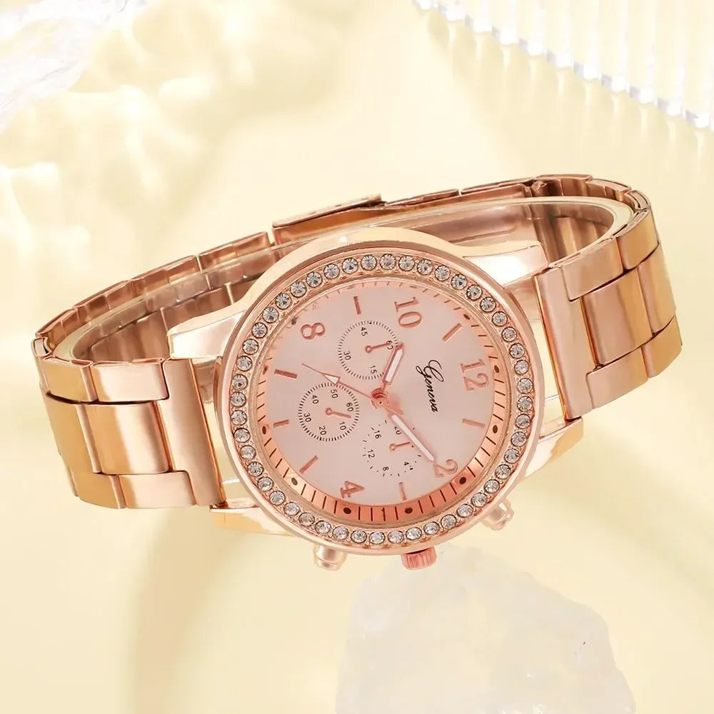 6-piece Set - Fashion Wristwatch &amp; Jewelry in Rose Gold for Women