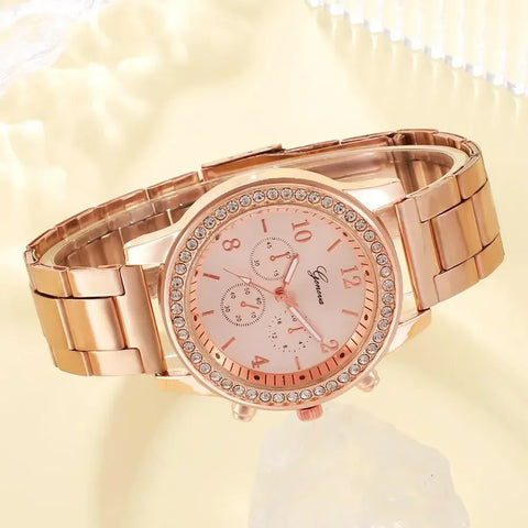 6-piece Set - Fashion Wristwatch &amp; Jewelry in Rose Gold for Women
