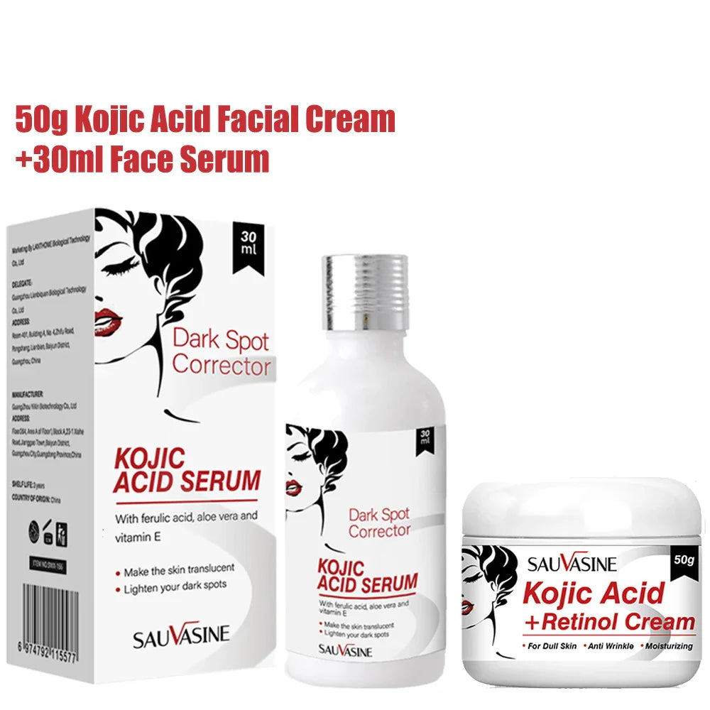 50g Kojic Acid Face Cream + 30ml Facial Serum Fade Dark Spots Brightening Skin Whitening Cream