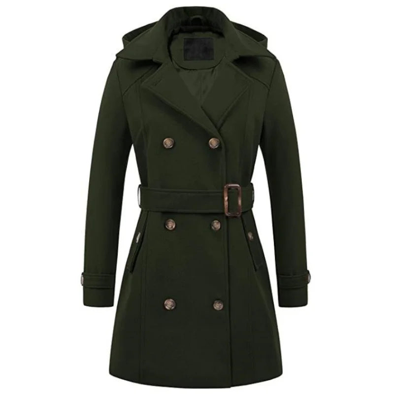 Women's Hooded Jackets Mid-Length Double Breasted Wool Blend Coat Turndown Collar 