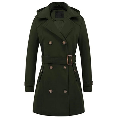 Women's Hooded Jackets Mid-Length Double Breasted Wool Blend Coat Turndown Collar 