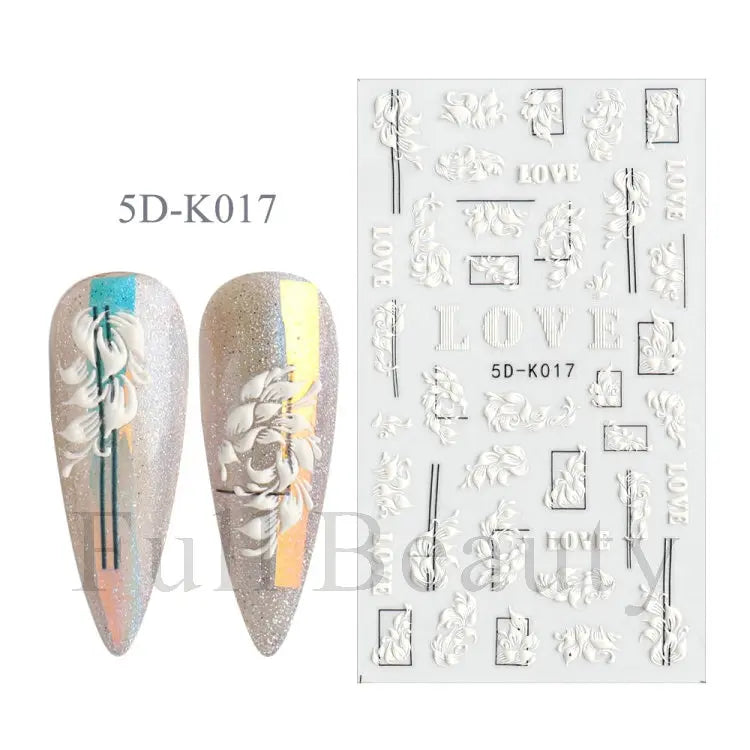 5D White Flower Embossed Nail Art Decals