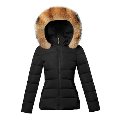 SL Women's Winter Coat Fake Fur Collar Parka Short Outerwear Warm Down Jacket