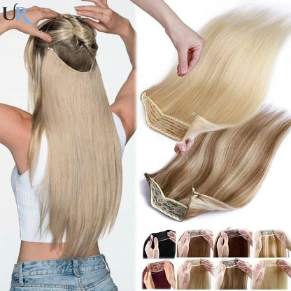 14" human hair straight invisible halo wire clip in hair extension