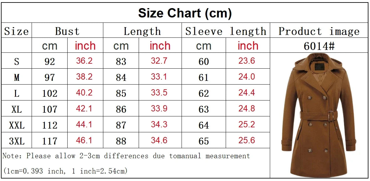 Women's Hooded Jackets Mid-Length Double Breasted Wool Blend Coat Turndown Collar 