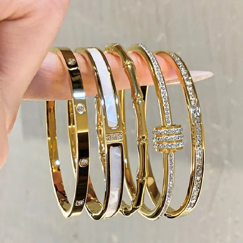 Titanium Steel Bracelet in Stainless Steel Inlaid with Zircon, Gold Plated 