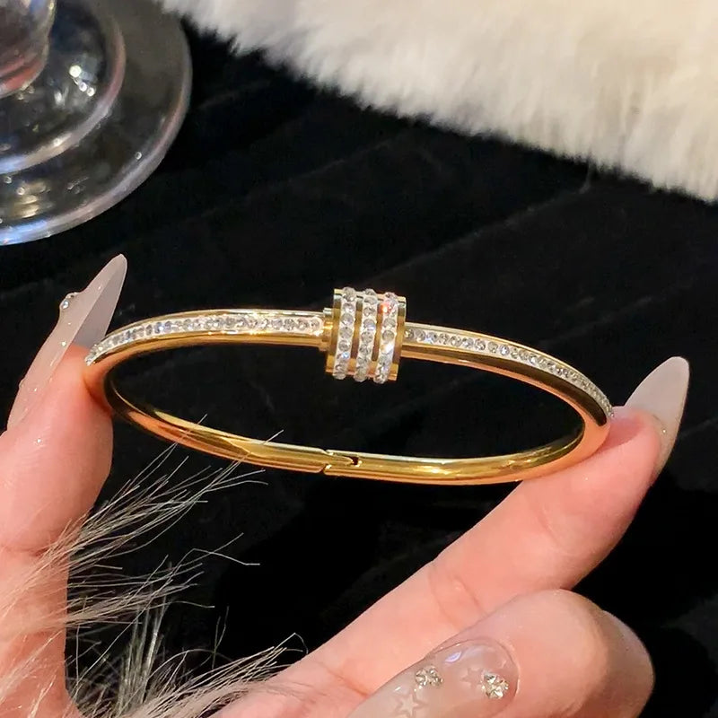 Titanium Steel Bracelet in Stainless Steel Inlaid with Zircon, Gold Plated 