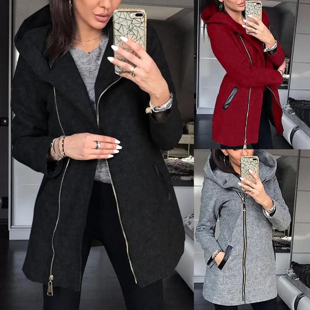 Solid Color Zipper Long Sleeve Hooded Jacket Outerwear Long Section Women's Coat