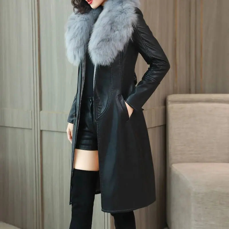Winter Faux Fur Collar Leather Long Loose Coats Coat Women's Jacket