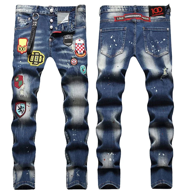 dsq071 Men's jeans Stretch complex wash water hand painted