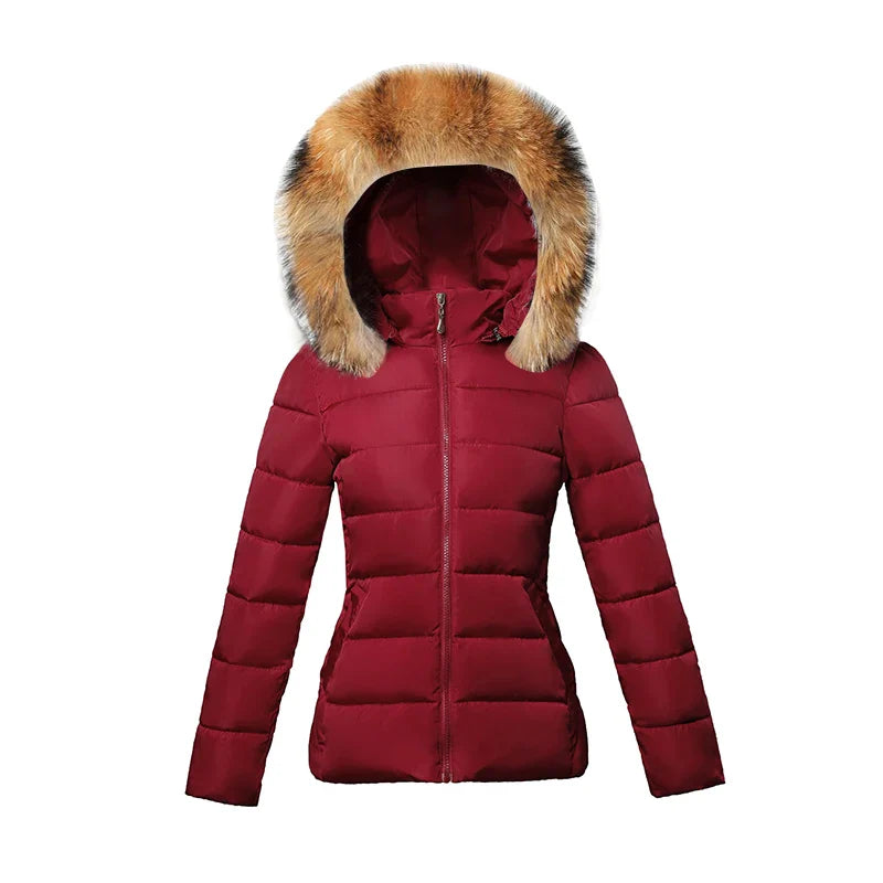 SL Women's Winter Coat Fake Fur Collar Parka Short Outerwear Warm Down Jacket