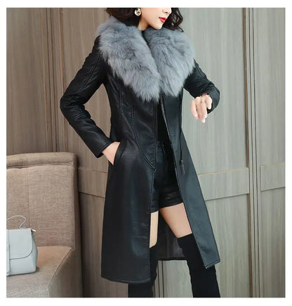 Winter Faux Fur Collar Leather Long Loose Coats Coat Women's Jacket