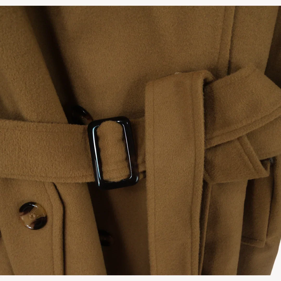 Women's Hooded Jackets Mid-Length Double Breasted Wool Blend Coat Turndown Collar 