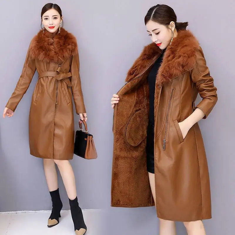 Winter Faux Fur Collar Leather Long Loose Coats Coat Women's Jacket