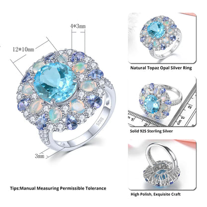 Blue Topaz Sterling Silver Rings 8 Carat Genuine Tananite Opal Multicolor