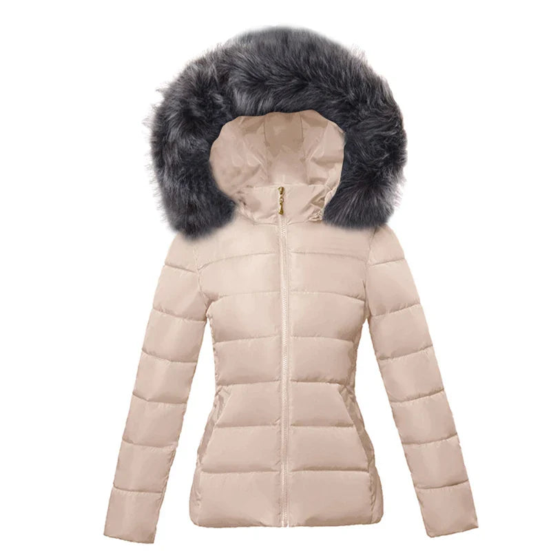 SL Women's Winter Coat Fake Fur Collar Parka Short Outerwear Warm Down Jacket