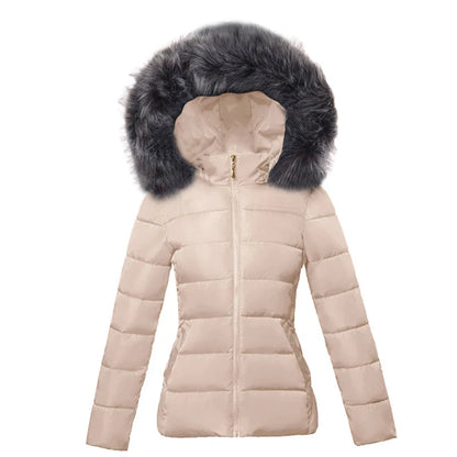 SL Women's Winter Coat Fake Fur Collar Parka Short Outerwear Warm Down Jacket