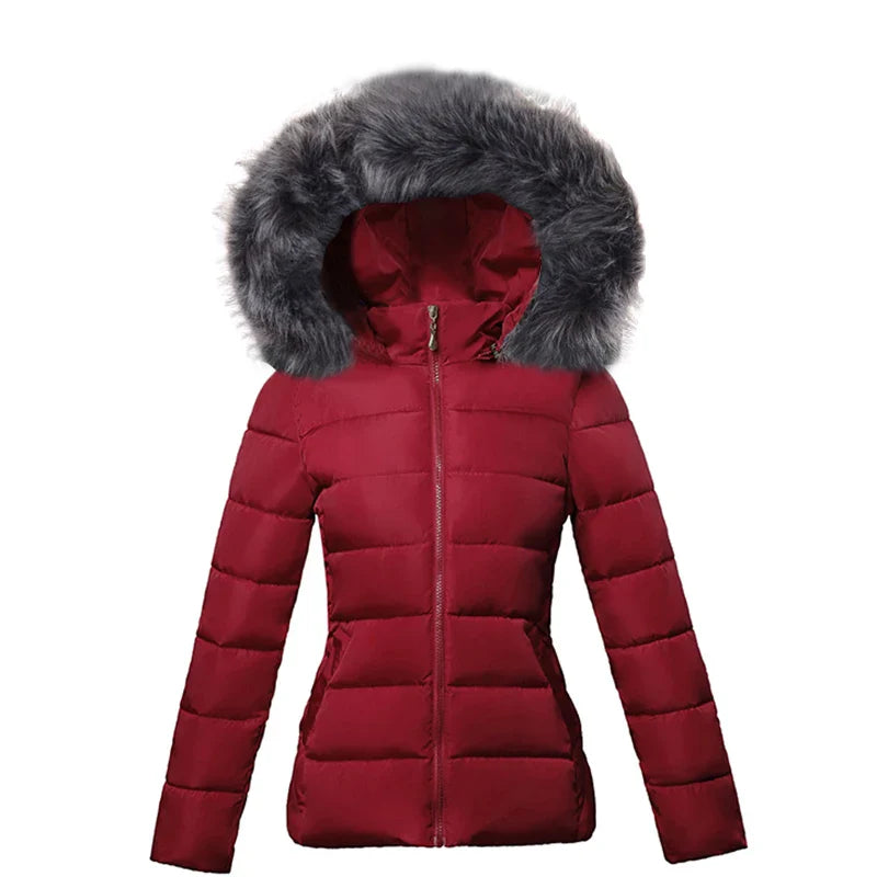 SL Women's Winter Coat Fake Fur Collar Parka Short Outerwear Warm Down Jacket