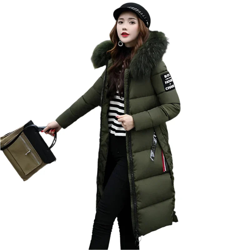 Down Parka Winter Jacket Big Fur Collar Thick Fashion Hooded Cotton Outerwear Long Winter Women Coat