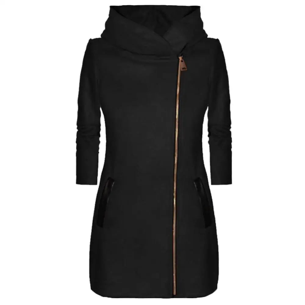 Solid Color Zipper Long Sleeve Hooded Jacket Outerwear Long Section Women's Coat