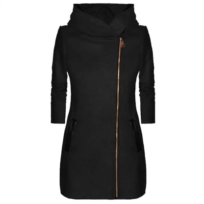 Solid Color Zipper Long Sleeve Hooded Jacket Outerwear Long Section Women's Coat